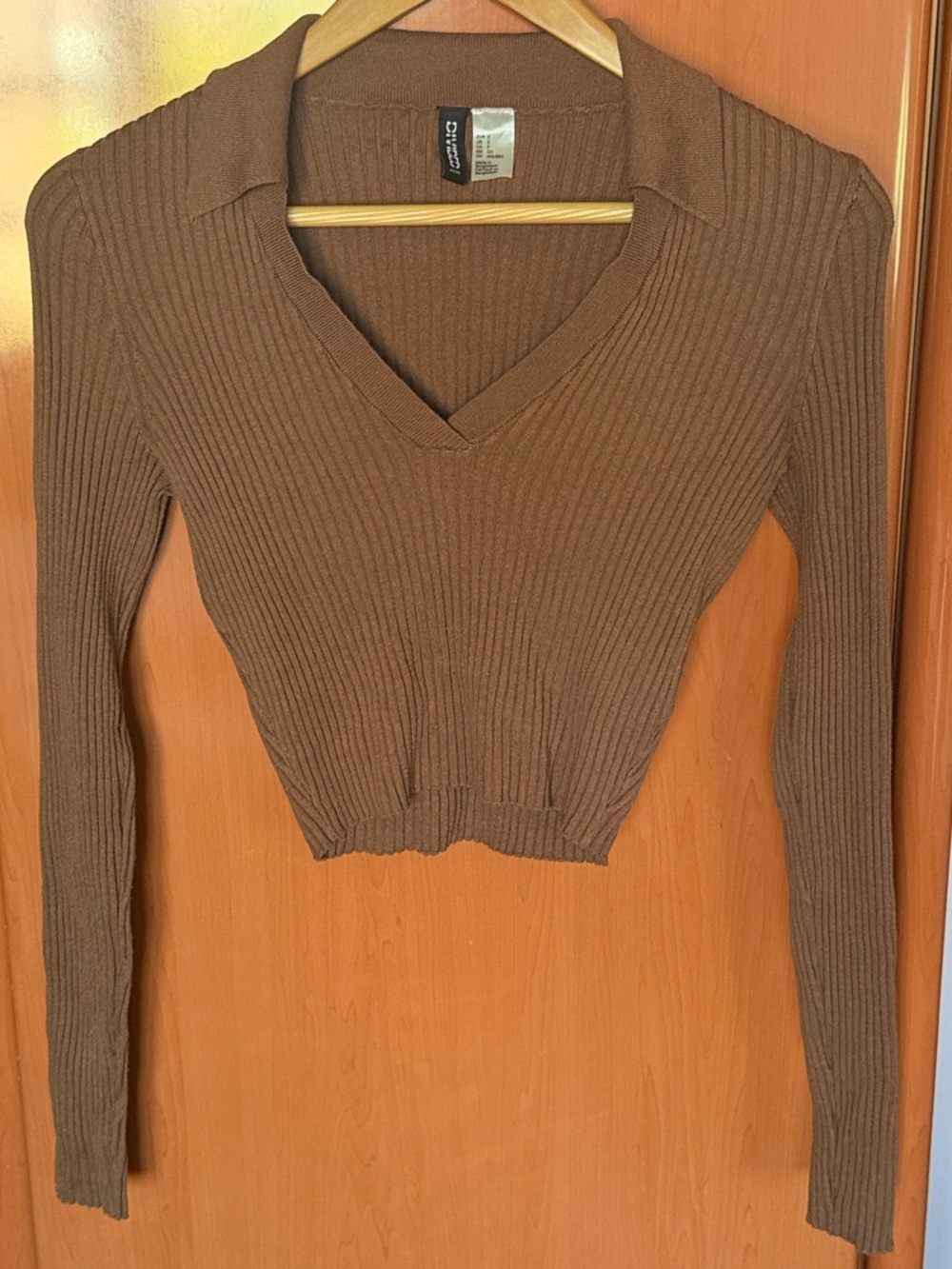 H&M Ribbed V-Neck Collared Crop Sweater - Brown
